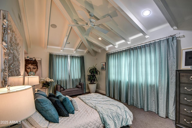 bedroom with carpet flooring, lofted ceiling with beams, and multiple windows