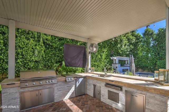 view of patio featuring a grill, sink, and an outdoor kitchen