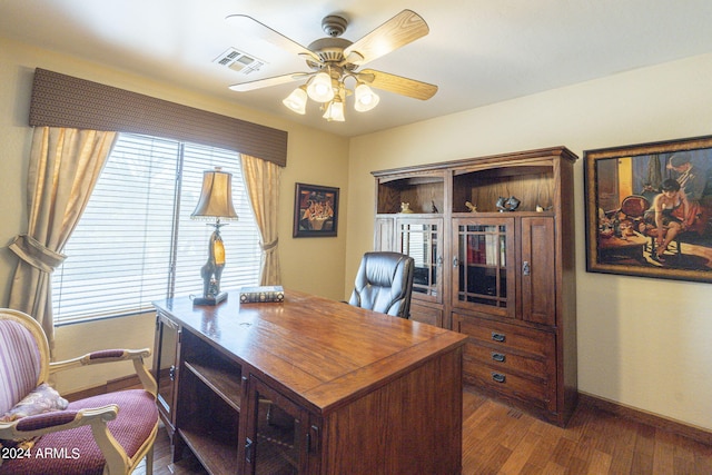 home office featuring ceiling fan and dark hardwood / wood-style flooring