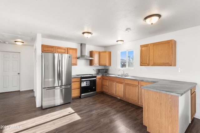 kitchen featuring sink, wall chimney exhaust hood, dark hardwood / wood-style floors, kitchen peninsula, and appliances with stainless steel finishes