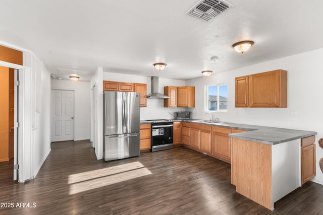 kitchen with dark wood-type flooring, sink, wall chimney exhaust hood, kitchen peninsula, and stainless steel appliances