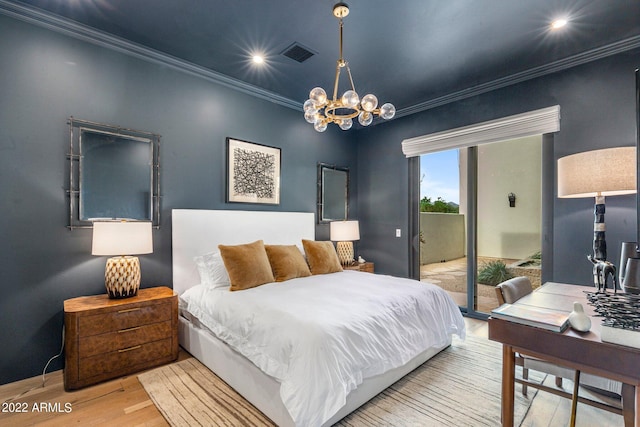 bedroom with visible vents, wood finished floors, crown molding, a chandelier, and access to exterior
