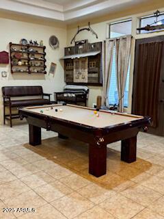 rec room featuring light tile patterned floors and billiards