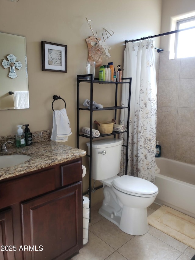 full bathroom featuring tile patterned floors, shower / bath combination with curtain, toilet, and vanity