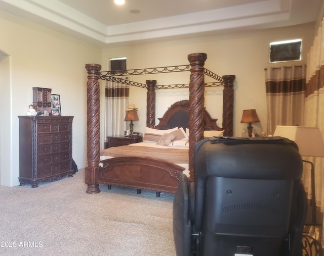 carpeted bedroom with a tray ceiling