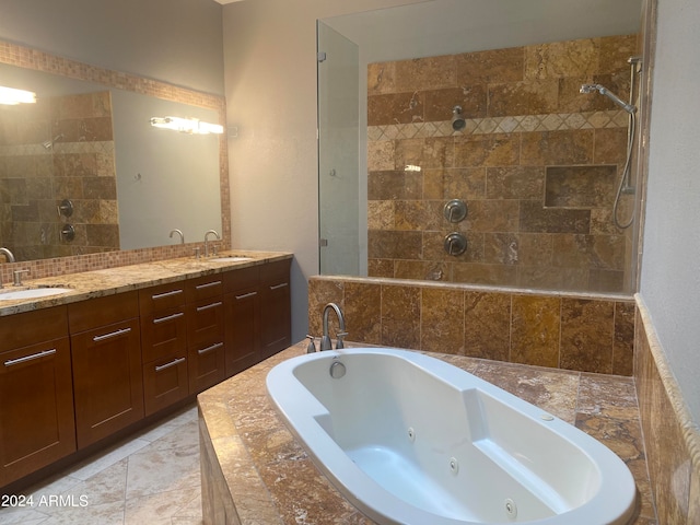 bathroom with tile floors and double vanity