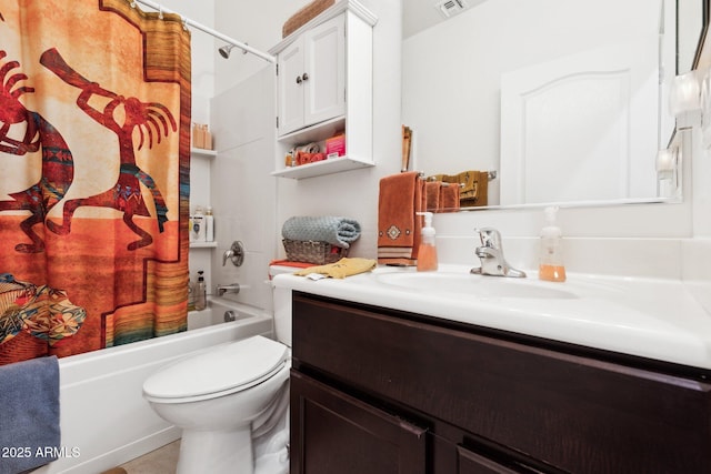 full bathroom featuring vanity, shower / tub combo with curtain, and toilet