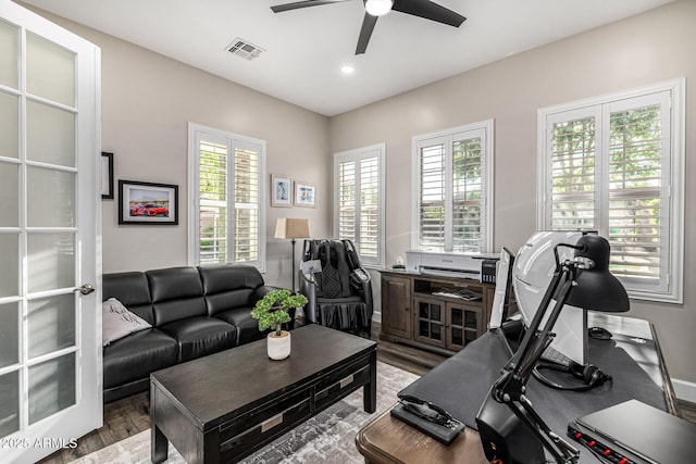 20866 W Werner Pl, Buckeye, AZ 85396 - exercise area with a ceiling fan, wood finished floors, and recessed lighting