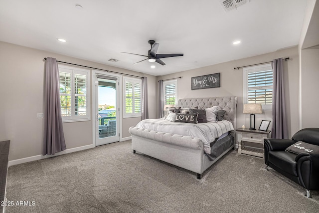 20866 W Werner Pl, Buckeye, AZ 85396 - carpeted bedroom featuring access to exterior, multiple windows, baseboards, recessed lighting, and a ceiling fan