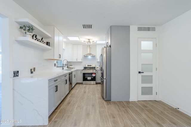 kitchen with a sink, visible vents, appliances with stainless steel finishes, and wall chimney range hood