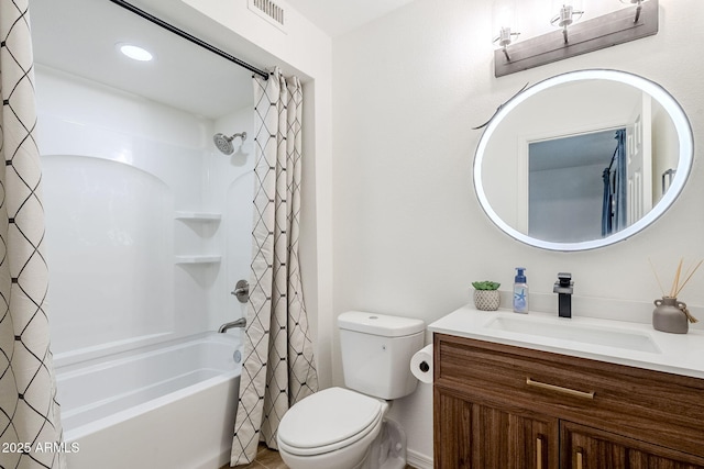 full bathroom with vanity, toilet, shower / bathtub combination with curtain, and visible vents