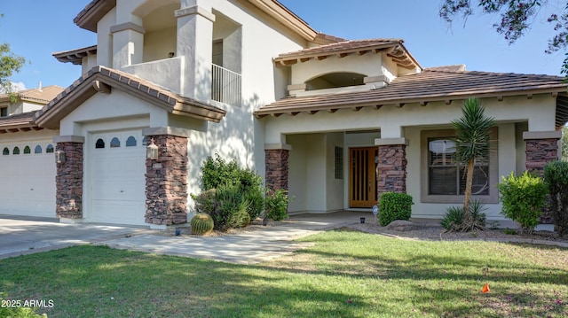 1707 E Carob Dr, Chandler, AZ 85286 - mediterranean / spanish home featuring stone siding, stucco siding, and a balcony