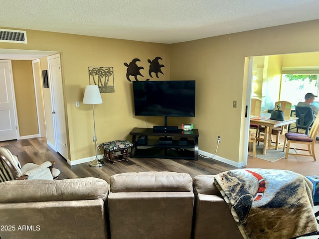 living room featuring a textured ceiling and hardwood / wood-style flooring