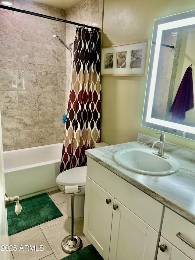 full bathroom with toilet, vanity, tile patterned floors, and shower / bath combination with curtain