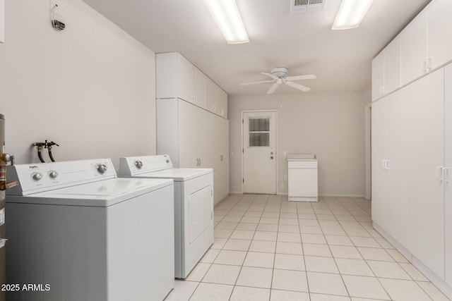 9603 W Calico Dr, Sun City, AZ 85373 - laundry area featuring washing machine and dryer, cabinet space, a ceiling fan, and light tile patterned floors