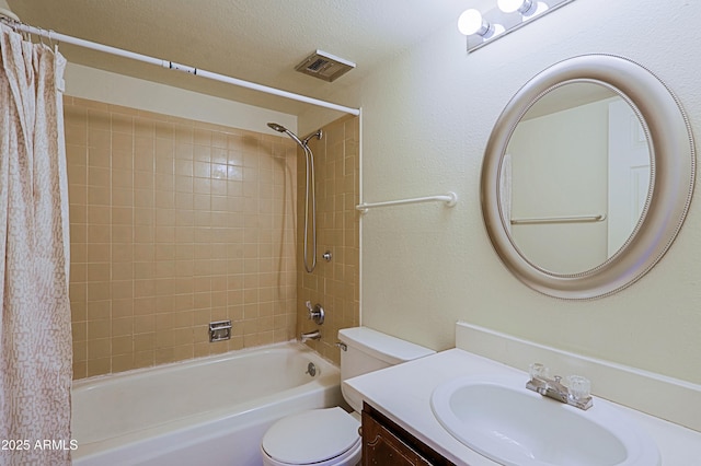 full bathroom with shower / tub combo, visible vents, toilet, a textured ceiling, and vanity