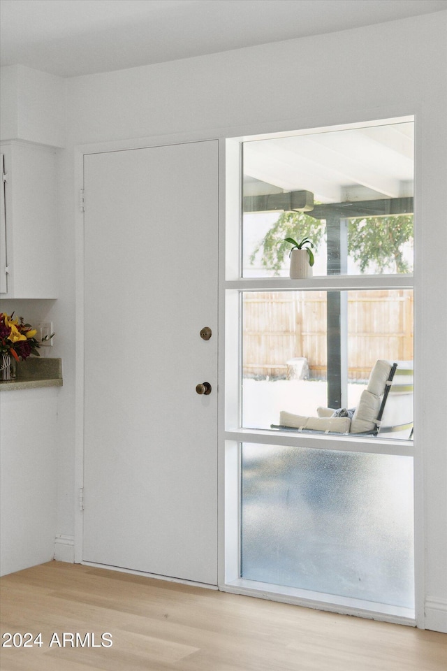 doorway to outside with light wood-type flooring