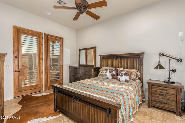 bedroom with a ceiling fan, visible vents, and access to outside