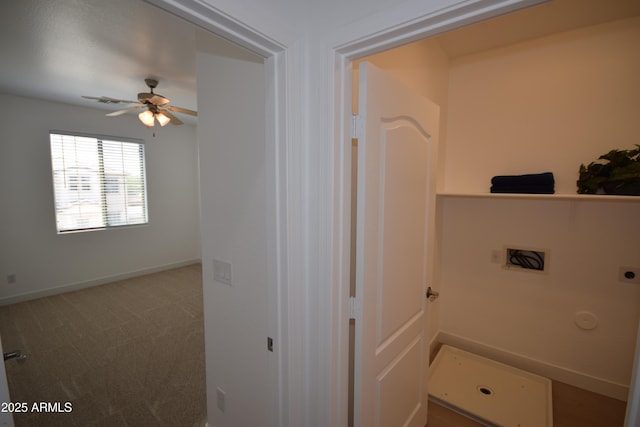 28377 N Desert Native St, San Tan Valley, AZ 85143 - laundry room featuring hookup for an electric dryer, hookup for a washing machine, ceiling fan, and carpet