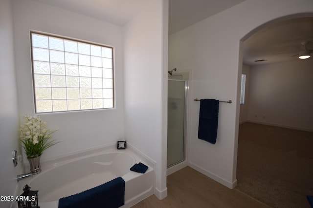 28377 N Desert Native St, San Tan Valley, AZ 85143 - full bathroom with a bath, plenty of natural light, a shower stall, and ceiling fan