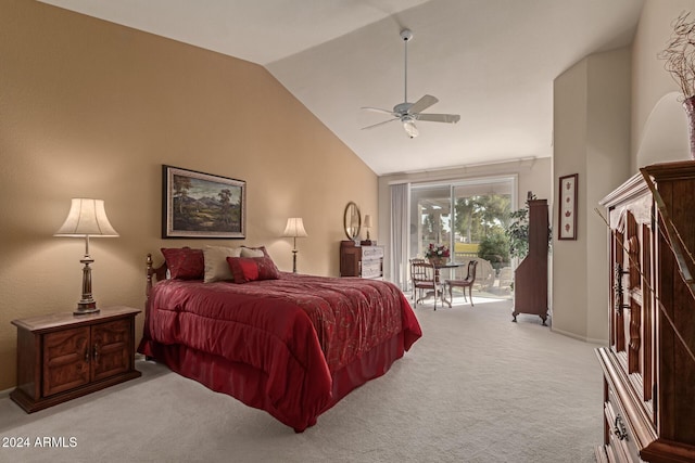 carpeted bedroom with high vaulted ceiling, ceiling fan, and access to outside