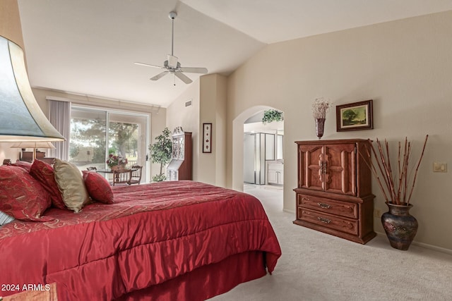 carpeted bedroom featuring access to outside, ceiling fan, and lofted ceiling