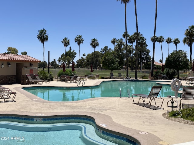 view of swimming pool featuring a patio