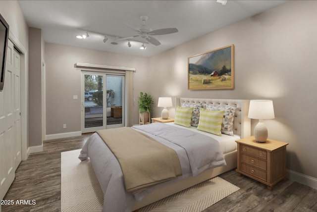 bedroom with access to exterior, dark hardwood / wood-style floors, a closet, and ceiling fan