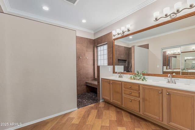 240 W Brooks St, Gilbert, AZ 85233 - full bathroom featuring walk in shower, a sink, crown molding, double vanity, and wood finished floors