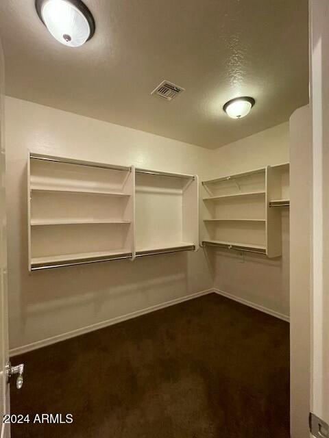 walk in closet featuring dark colored carpet