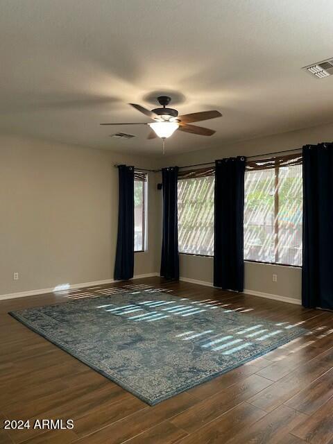 empty room featuring ceiling fan, plenty of natural light, and dark wood-type flooring