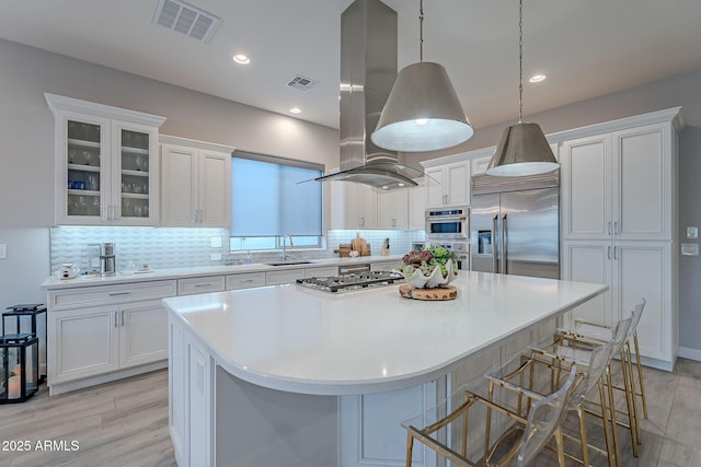 kitchen featuring sink, white cabinets, island exhaust hood, and stainless steel appliances