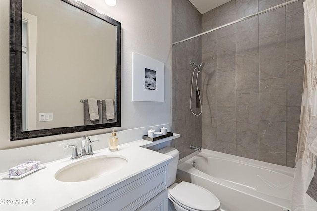 full bathroom with vanity, toilet, and shower / bath combination with curtain