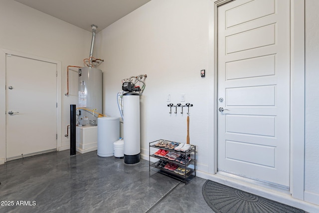 garage featuring water heater