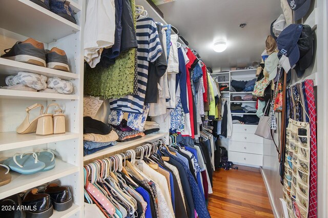 walk in closet with wood finished floors