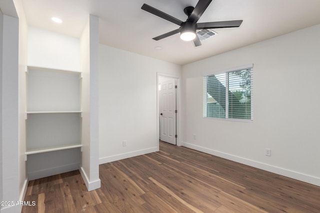 unfurnished bedroom featuring visible vents, baseboards, recessed lighting, wood finished floors, and a ceiling fan