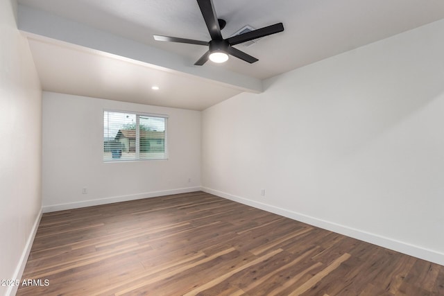 unfurnished room featuring dark wood-style floors, baseboards, and ceiling fan