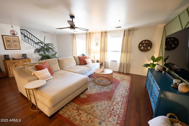 16021 N 30th St Unit 127, Phoenix, AZ 85032 - living area with a ceiling fan, stairway, and dark wood-style flooring