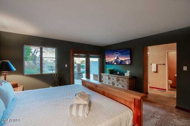 bedroom featuring carpet, ensuite bath, access to outside, and french doors