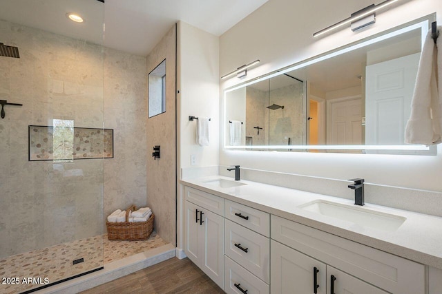16248 E Ridgeline Dr, Fountain Hills, AZ 85268 - bathroom with walk in shower, wood finished floors, a sink, and double vanity