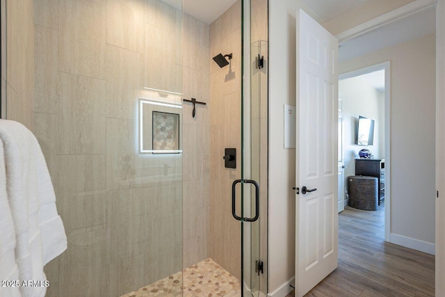 16248 E Ridgeline Dr, Fountain Hills, AZ 85268 - bathroom featuring baseboards, wood finished floors, and a shower stall