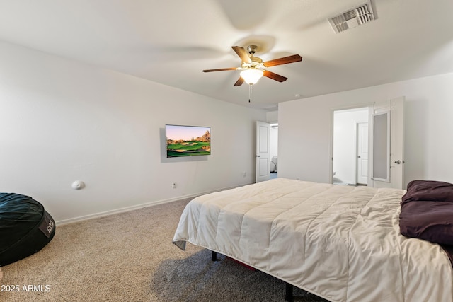 carpeted bedroom with visible vents, baseboards, and ceiling fan