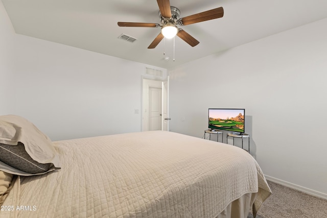 bedroom with a ceiling fan, carpet, visible vents, and baseboards
