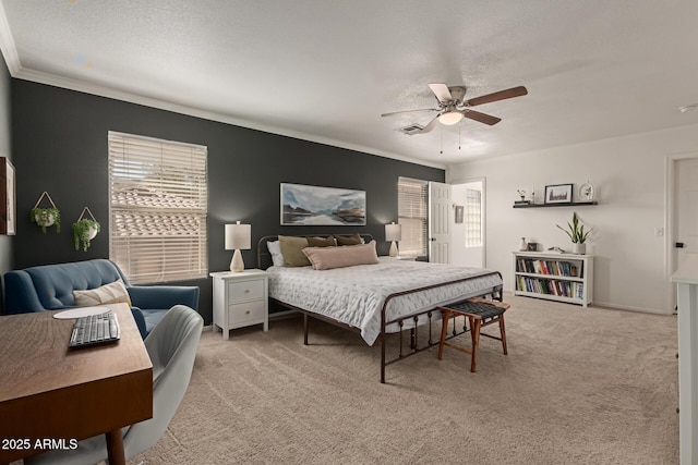 bedroom featuring light carpet, baseboards, visible vents, ceiling fan, and a textured ceiling