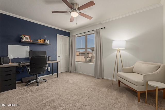 home office featuring ceiling fan, carpet floors, ornamental molding, and baseboards