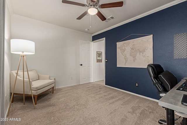 office space featuring carpet floors, visible vents, crown molding, and ceiling fan