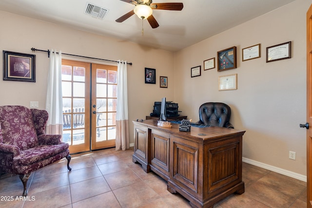 office with visible vents, baseboards, light tile patterned floors, french doors, and a ceiling fan