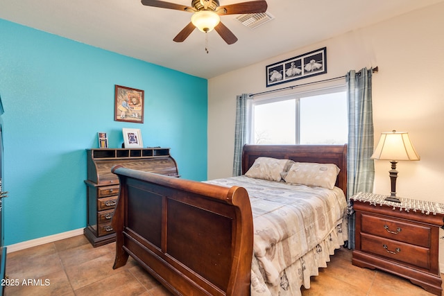 bedroom with visible vents, baseboards, and a ceiling fan