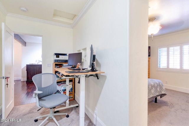 office space with hardwood / wood-style floors and ornamental molding