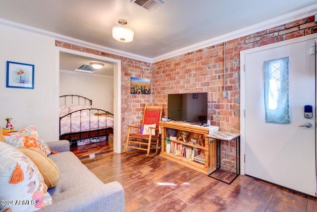 living room featuring brick wall and crown molding